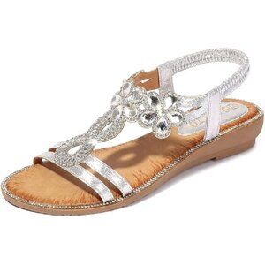 Open Toe Crystal with Rhinestone Beaded Bohemian Sandals Silver Size 40 (9.5)